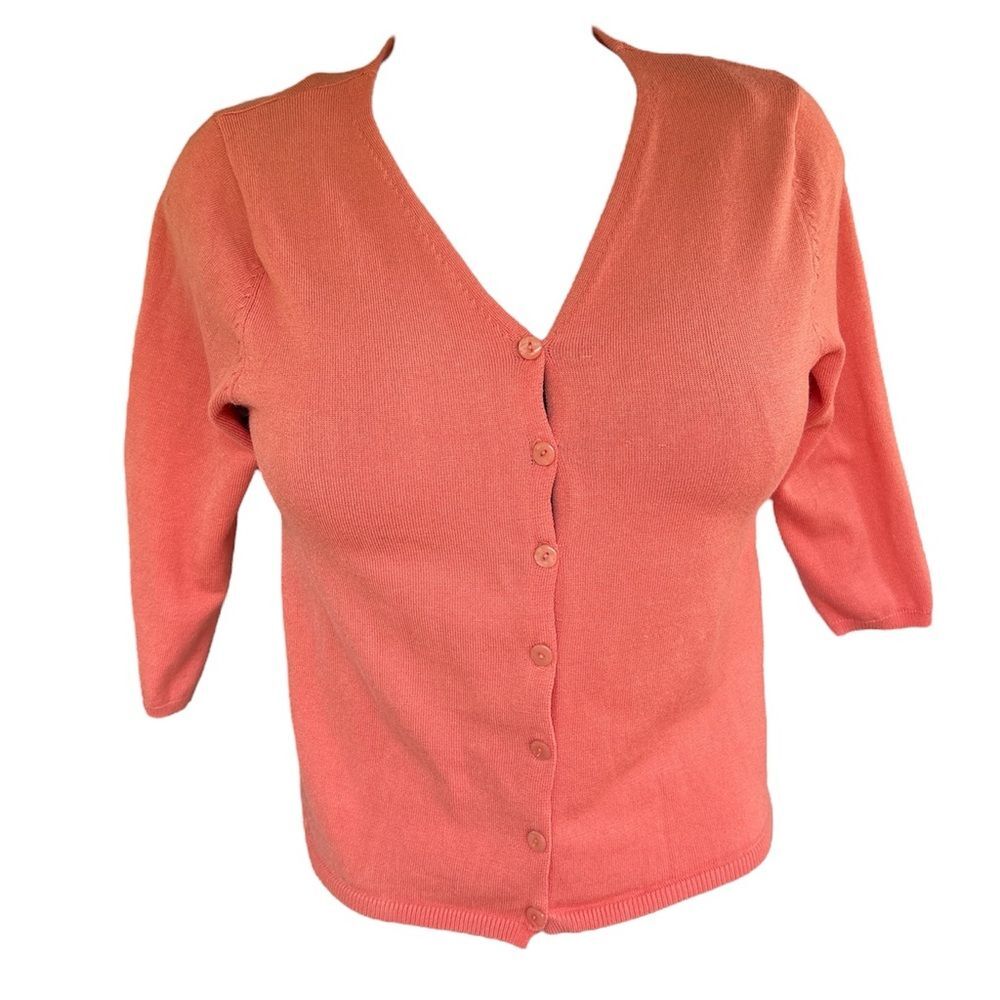 VTG Y2K Women's Preppy Pinup Coral Cardigan 3/4 Sleeves V Neck Sweater Medium